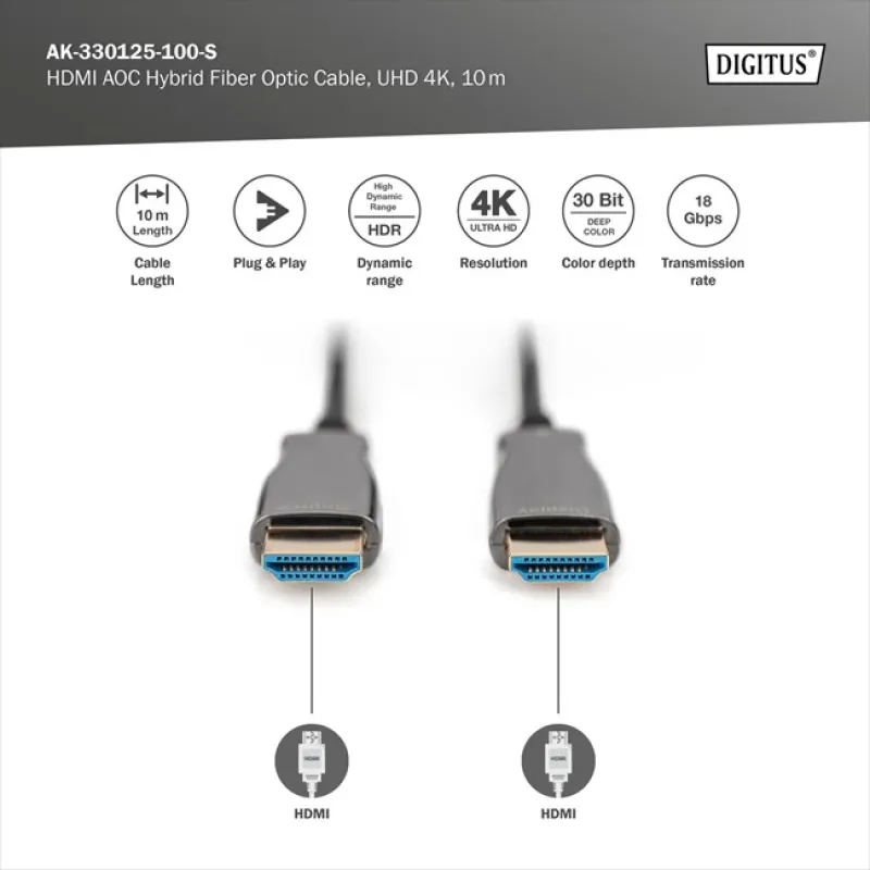 Digitus HDMI Fiber Kablo Altın Uçlu Siyah (10m) 4K