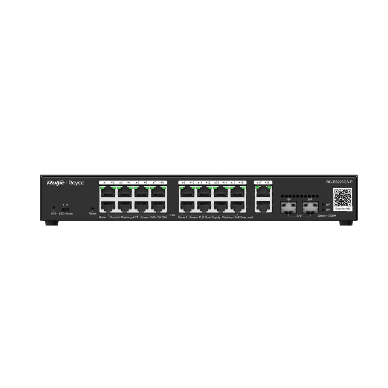 Ruijie Reyee RG-ES220GS-P 20 Portlu, 10/100/1000Gigabit, Yönetilebilir Switch, 2 SFP, 2 Gigabit RJ45Uplink, 16 Port PoE+ (250W